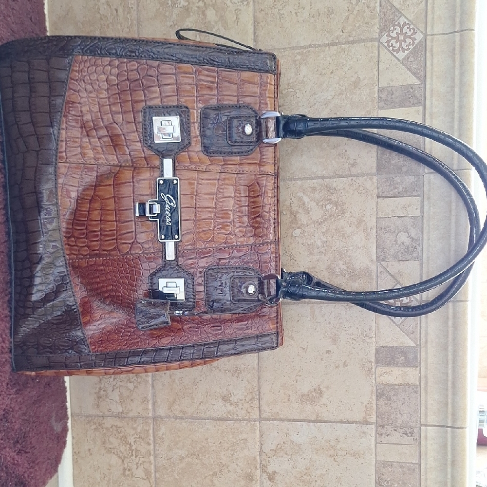 Brahmin Brown and Black Crocodile-Embossed Tote